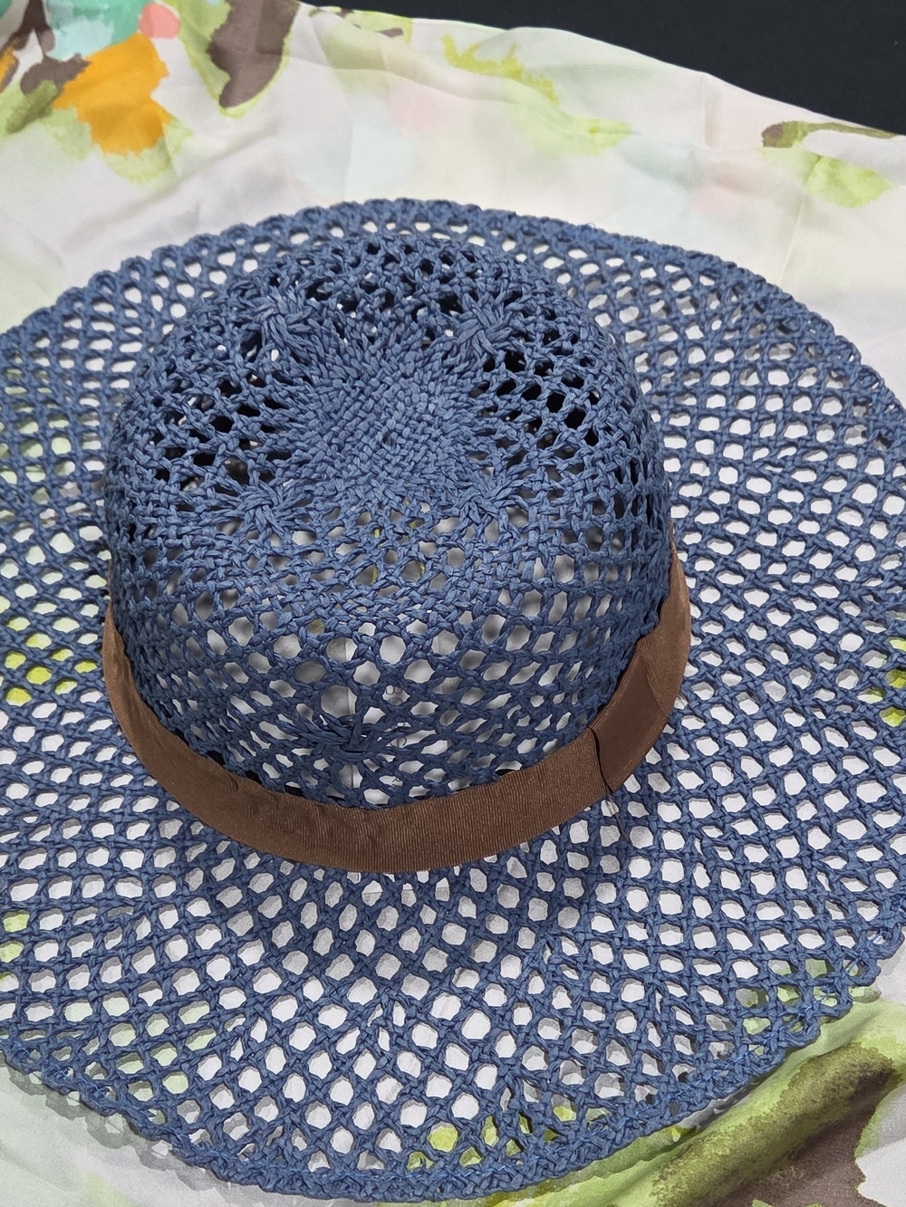 BCBGeneration Blue Crochet Sun Hat with Brown Band Accent